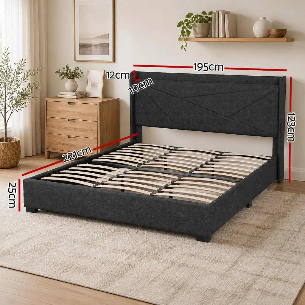 King Bed Frame Gas Lift Storage Plywood Upholstered Charcoal Grey