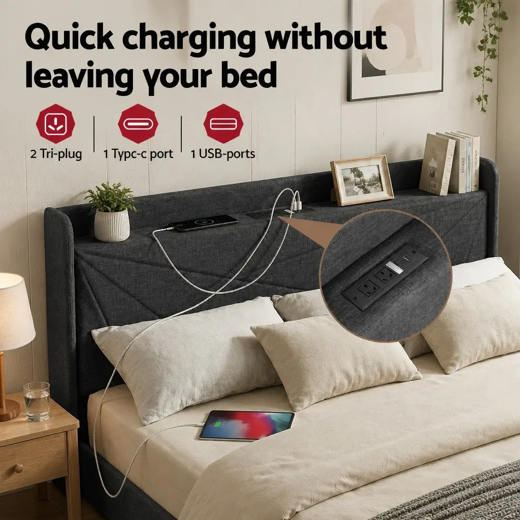 King Bed Frame Gas Lift Storage Plywood Upholstered Charcoal Grey