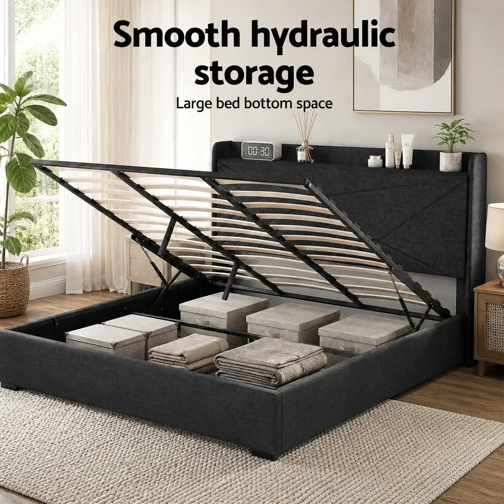King Bed Frame Gas Lift Storage Plywood Upholstered Charcoal Grey