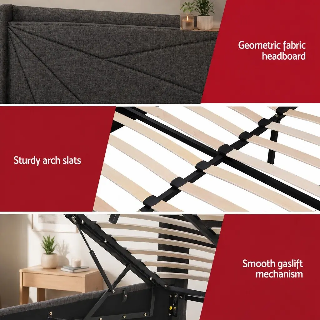 King Bed Frame Gas Lift Storage Plywood Upholstered Charcoal Grey