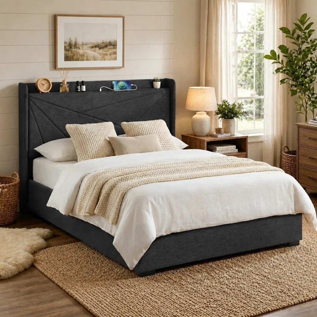 Queen Bed Frame with Gas Lift and Storage