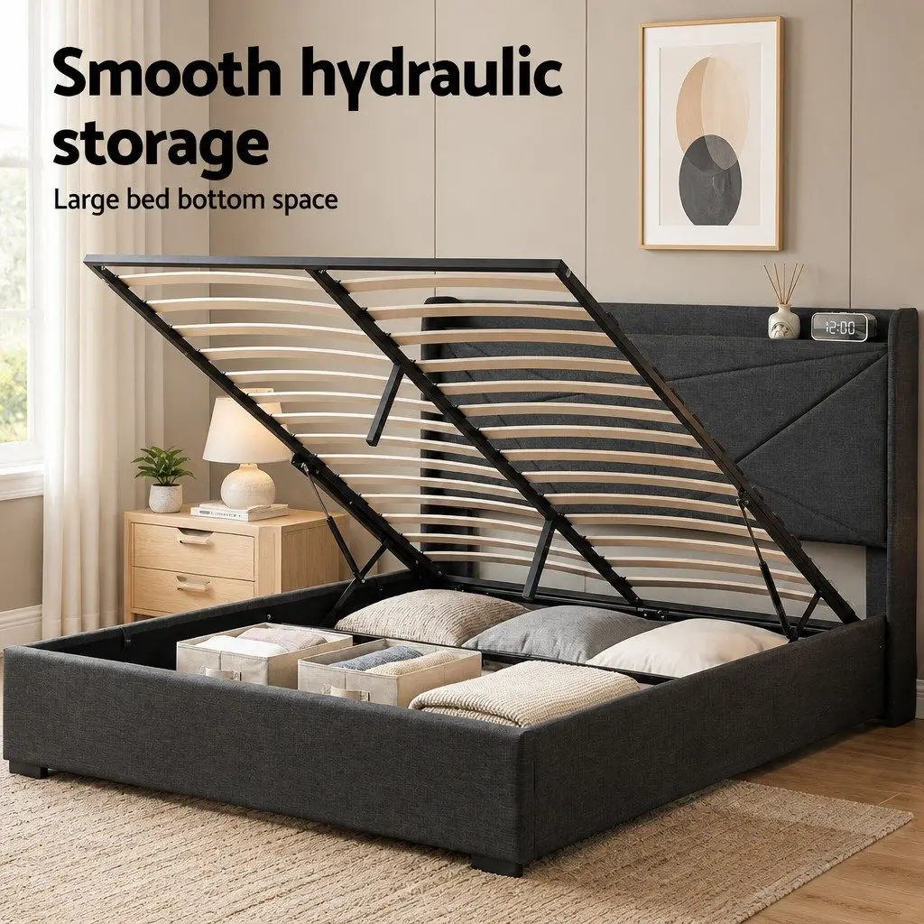Queen Bed Frame with Gas Lift and Storage