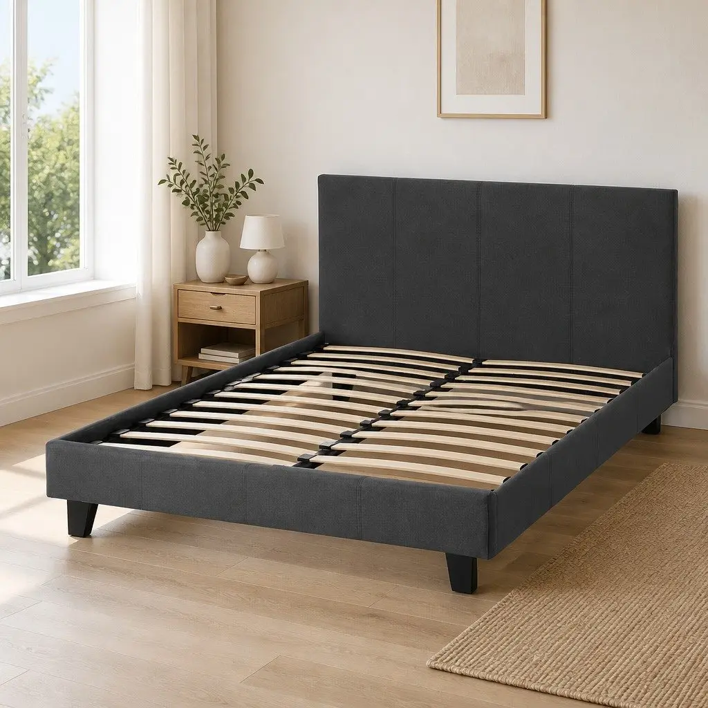 Charcoal Upholstered Double Bed Frame with Solid Support