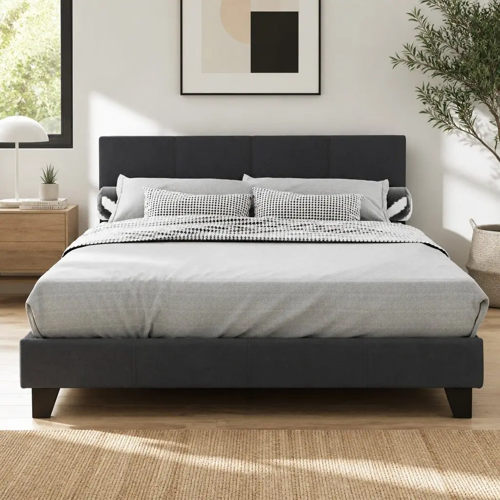 Charcoal Upholstered Double Bed Frame with Solid Support