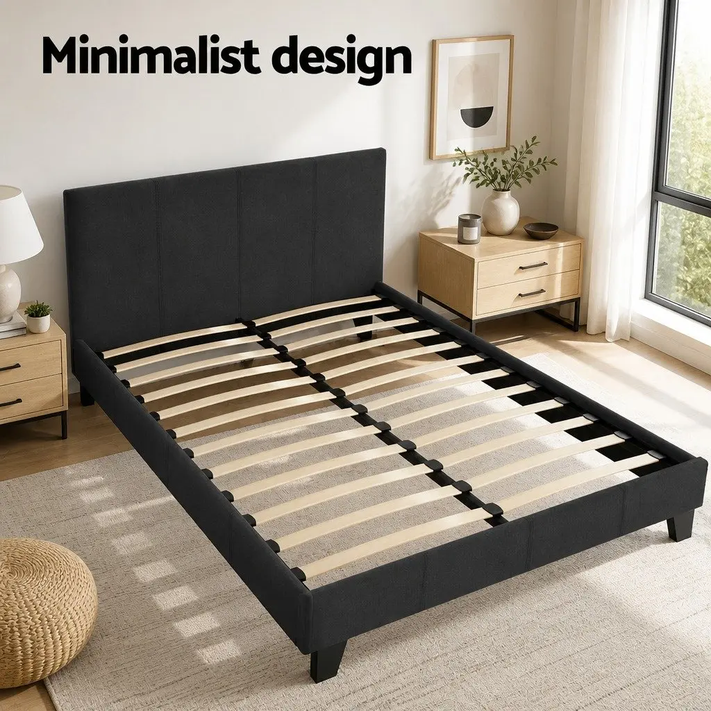 Charcoal Upholstered Double Bed Frame with Solid Support