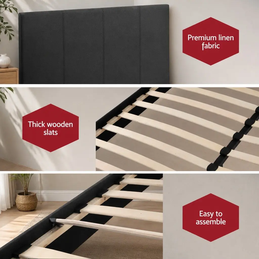 Charcoal Upholstered Double Bed Frame with Solid Support