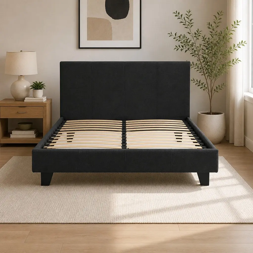 Charcoal Upholstered Double Bed Frame with Solid Support