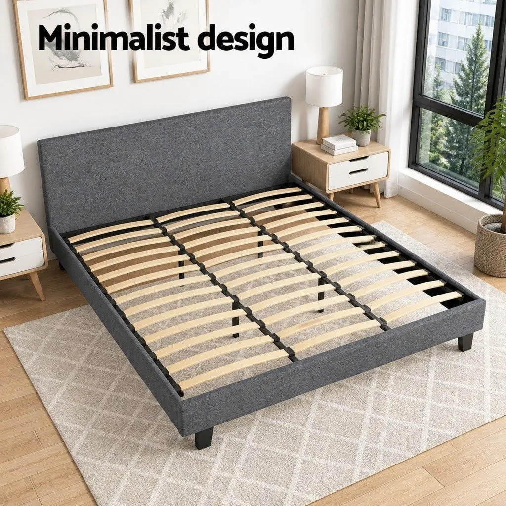 King Size Bed Frame with Grey Upholstered Headboard