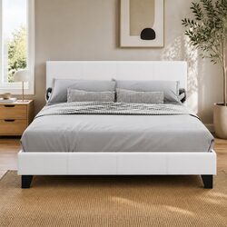 Sturdy Queen Size Bed Frame with White Upholstery