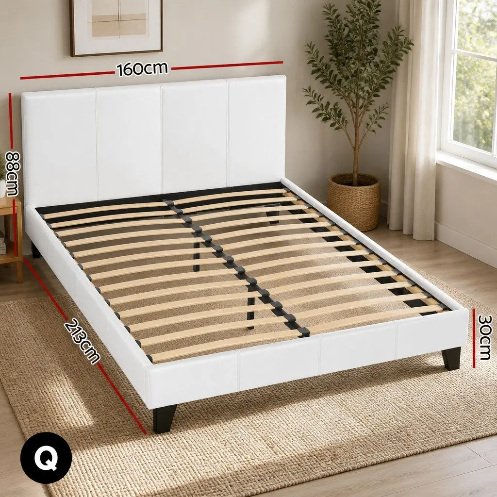 Queen Size Bed Frame with White Upholstery