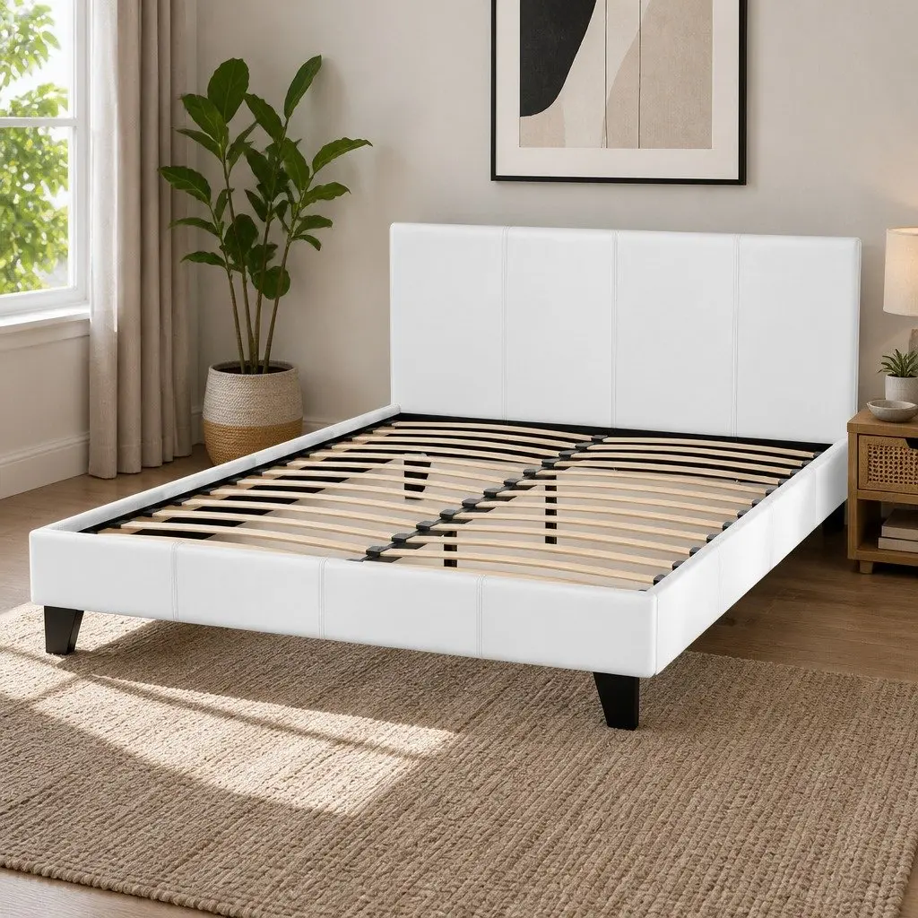 Queen Size Bed Frame with White Upholstery