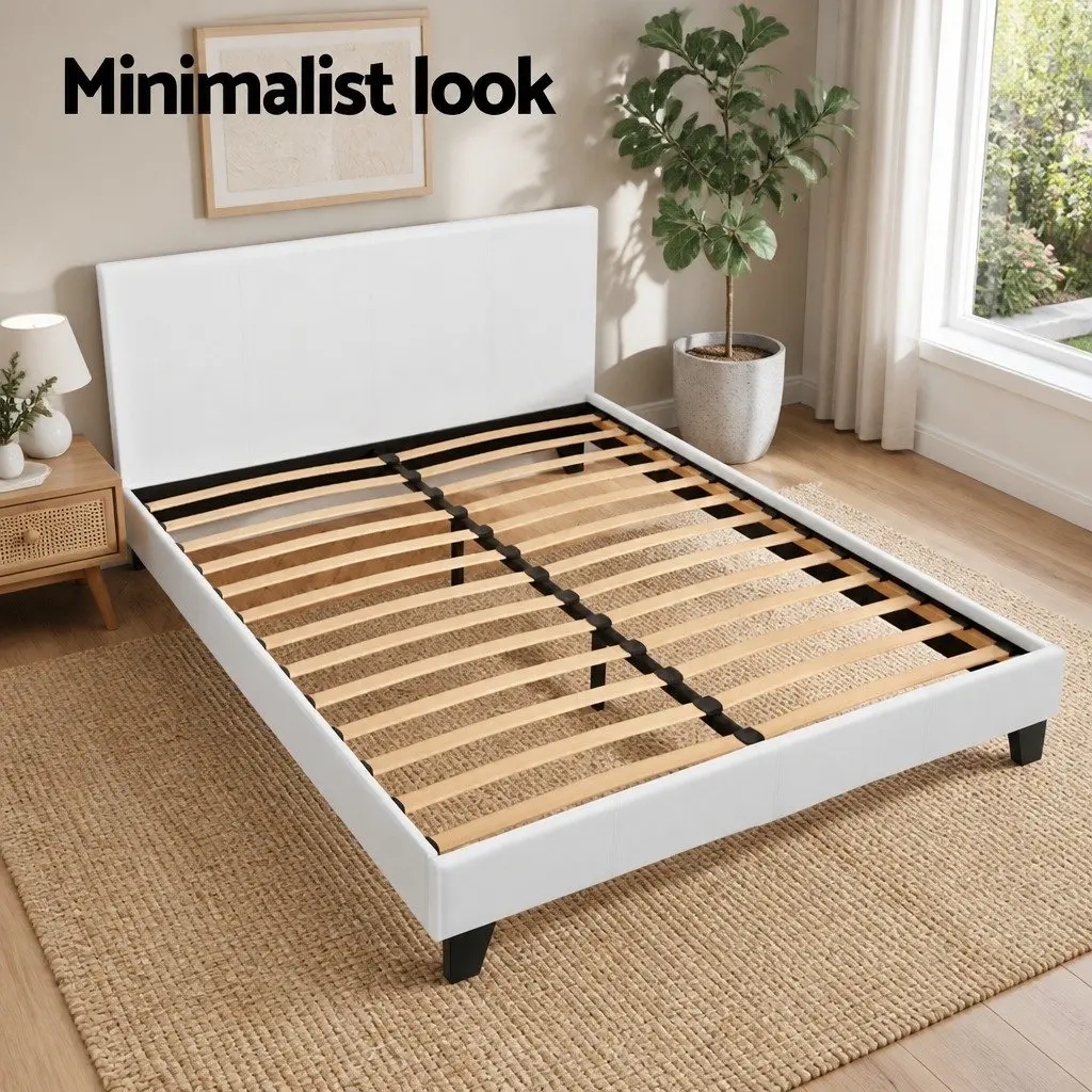 Queen Size Bed Frame with White Upholstery
