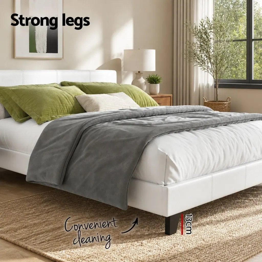 Queen Size Bed Frame with White Upholstery