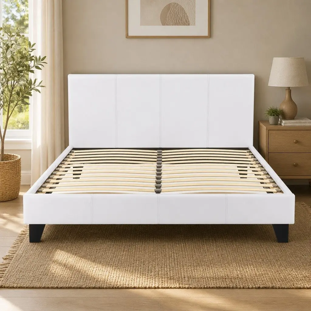 Queen Size Bed Frame with White Upholstery