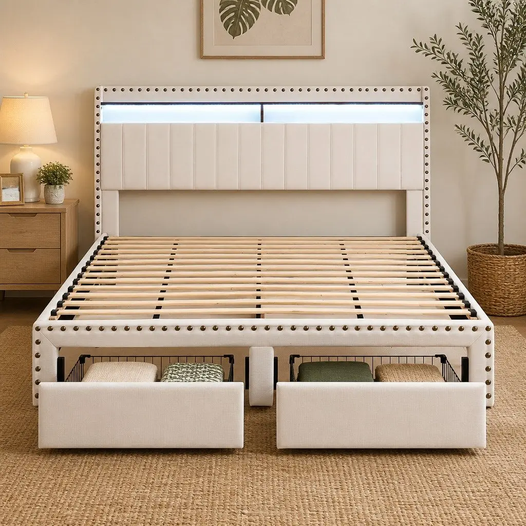 King Upholstered Bed Frame with Mood Lighting