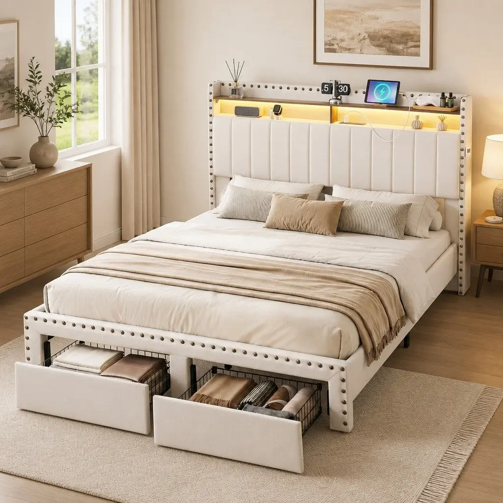 King Upholstered Bed Frame with Mood Lighting