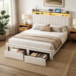 Queen Bed Frame with Storage and Charging Features