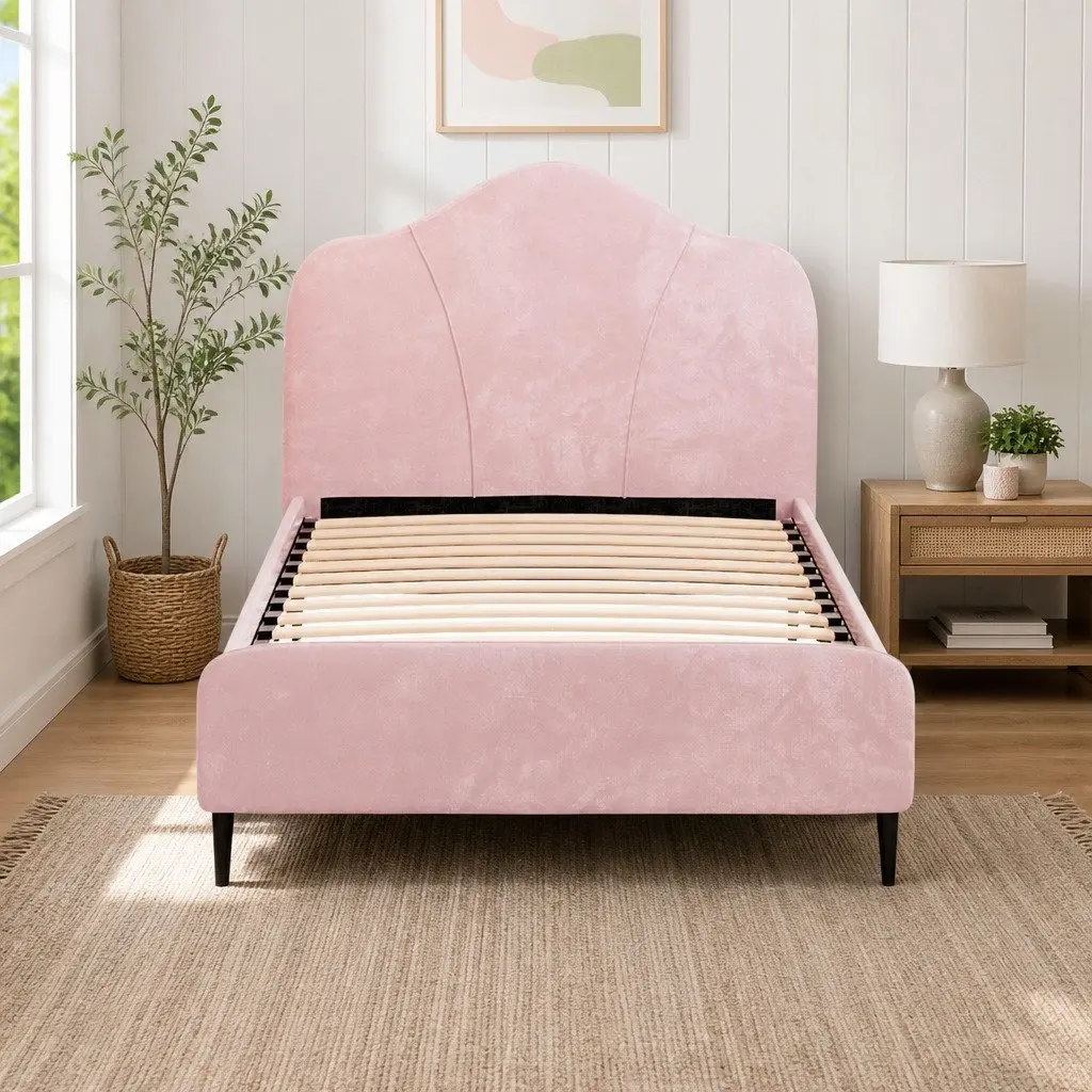King Single Bed Frame Pink Velvet Upholstered Wooden 214cm x 118cm x 123cm