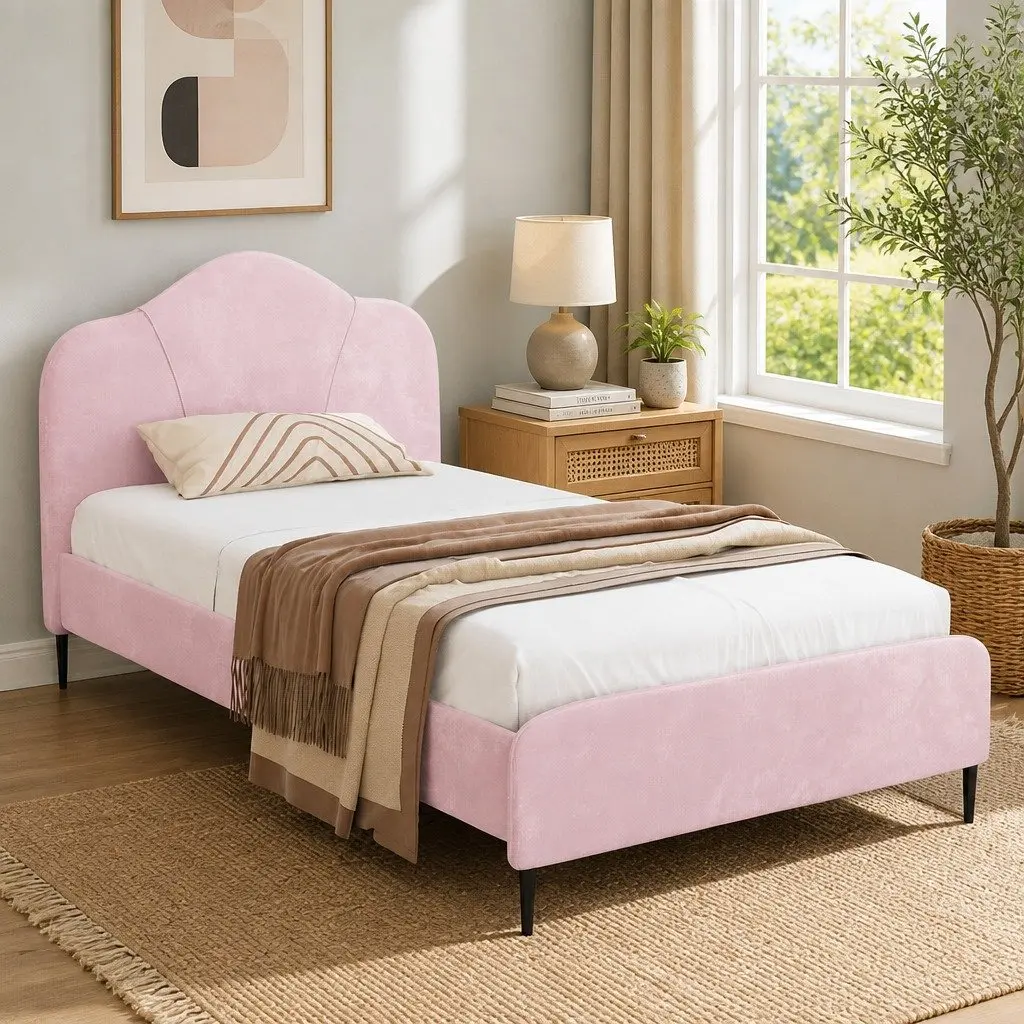 King Single Bed Frame Pink Velvet Upholstered Wooden 214cm x 118cm x 123cm