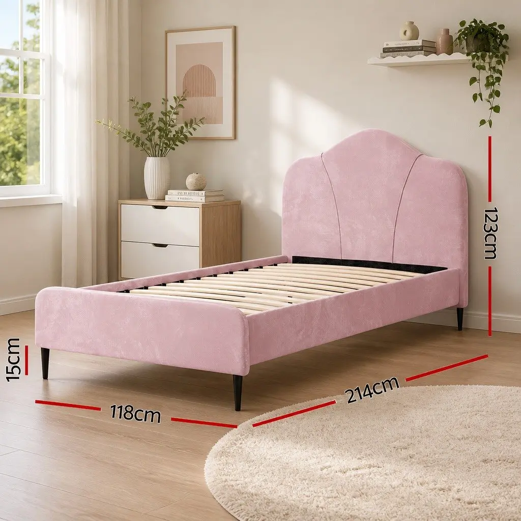 King Single Bed Frame Pink Velvet Upholstered Wooden 214cm x 118cm x 123cm