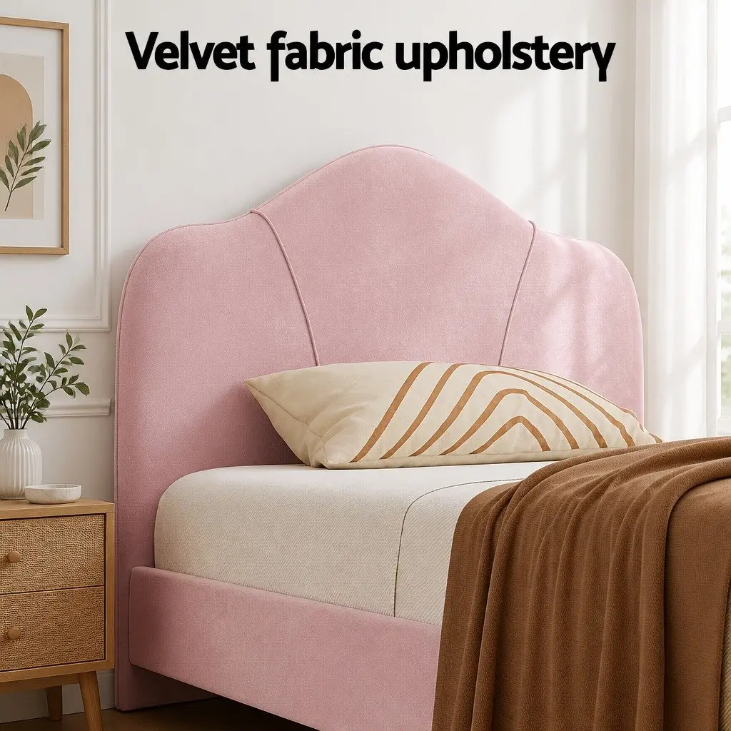 King Single Bed Frame Pink Velvet Upholstered Wooden 214cm x 118cm x 123cm