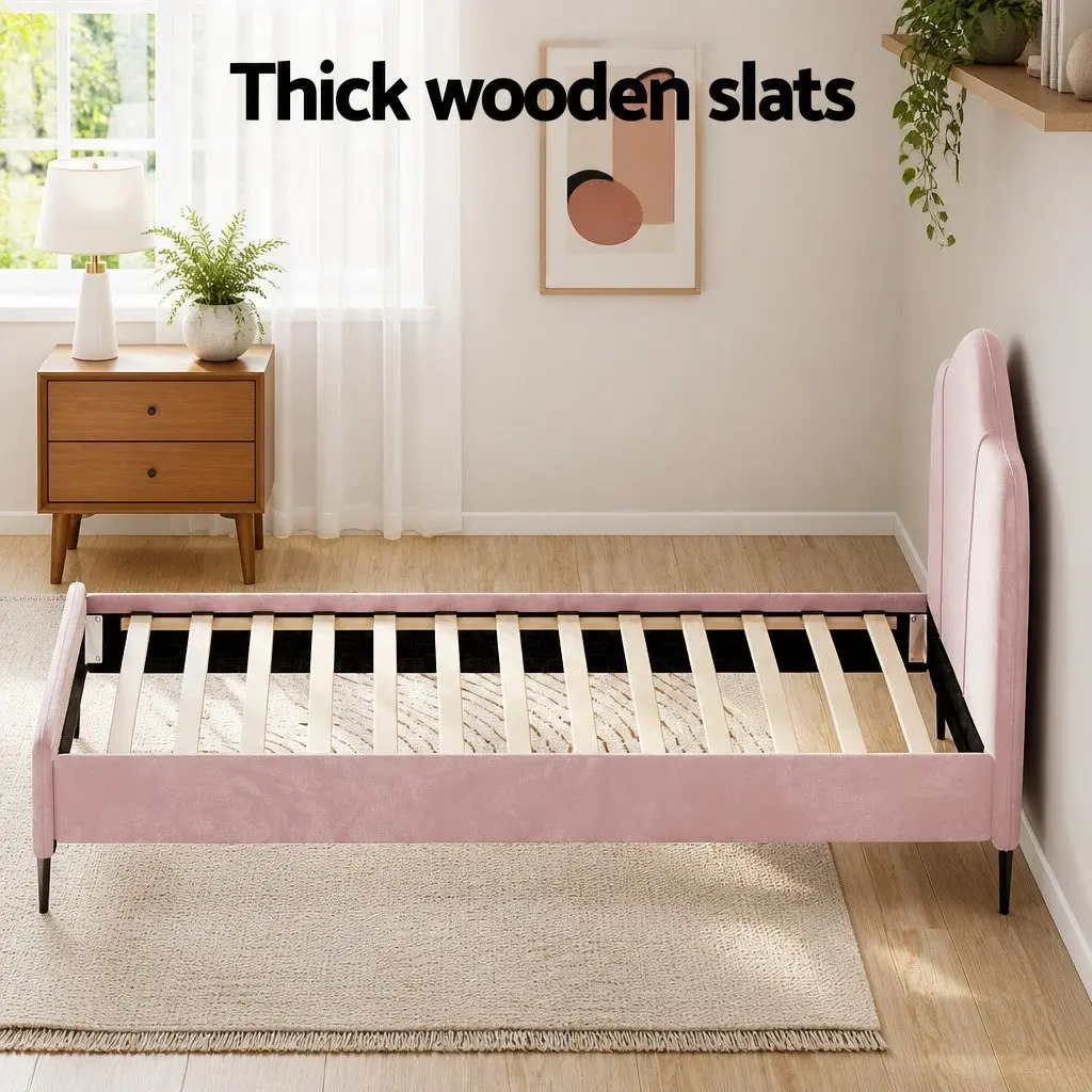 King Single Bed Frame Pink Velvet Upholstered Wooden 214cm x 118cm x 123cm
