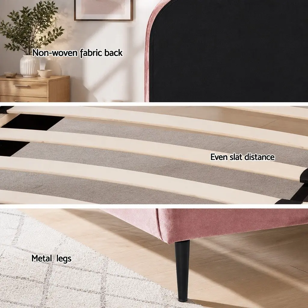 King Single Bed Frame Pink Velvet Upholstered Wooden 214cm x 118cm x 123cm