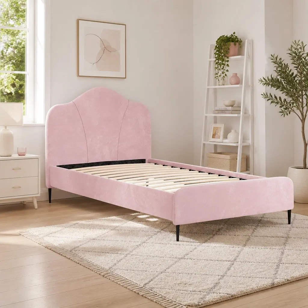 King Single Bed Frame Pink Velvet Upholstered Wooden 214cm x 118cm x 123cm