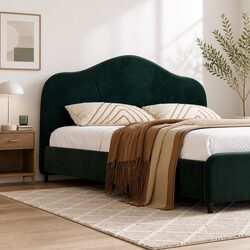 Sturdy Dark Green Velvet Queen Bed Frame with Wooden Slats