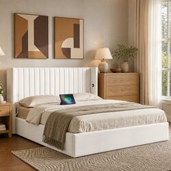Velvet Double Bed Frame with Gaslift Storage & USB Ports