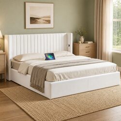 Durable King Bed Frame with Gaslift Storage and USB Ports