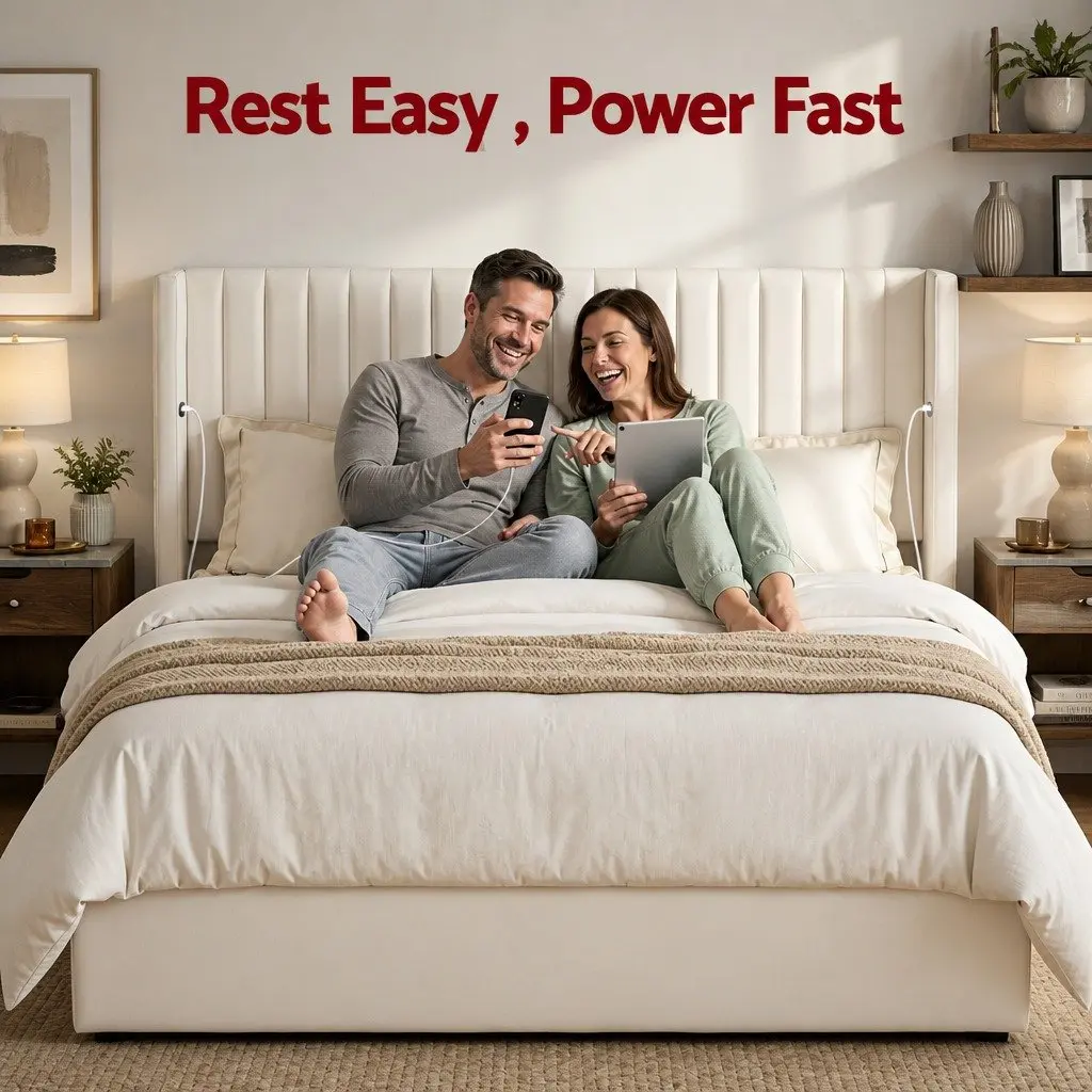 King Bed Frame Velvet 204W x 220L x 115H cm White with Gaslift Storage and Dual USB Type-C Charging Ports
