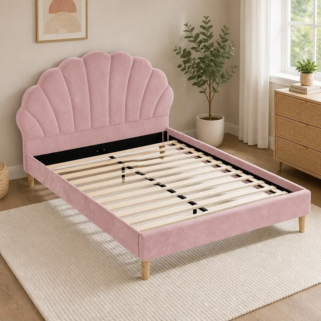 Double Bed Frame in Scallop Pink Velvet