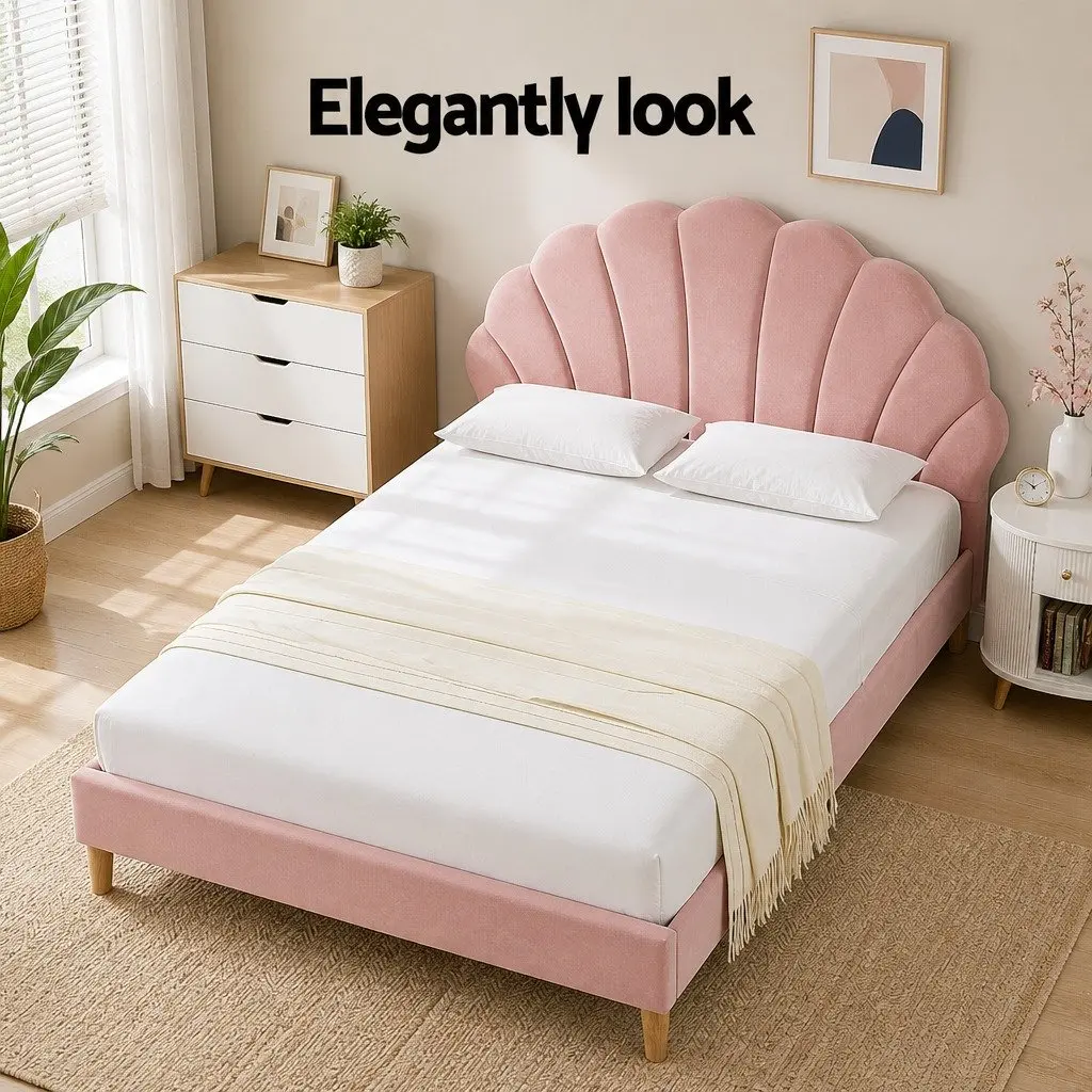 Double Bed Frame in Scallop Pink Velvet