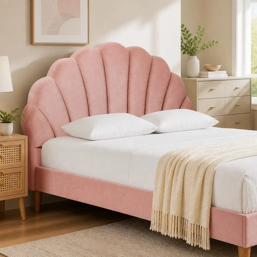 Double Bed Frame in Scallop Pink Velvet