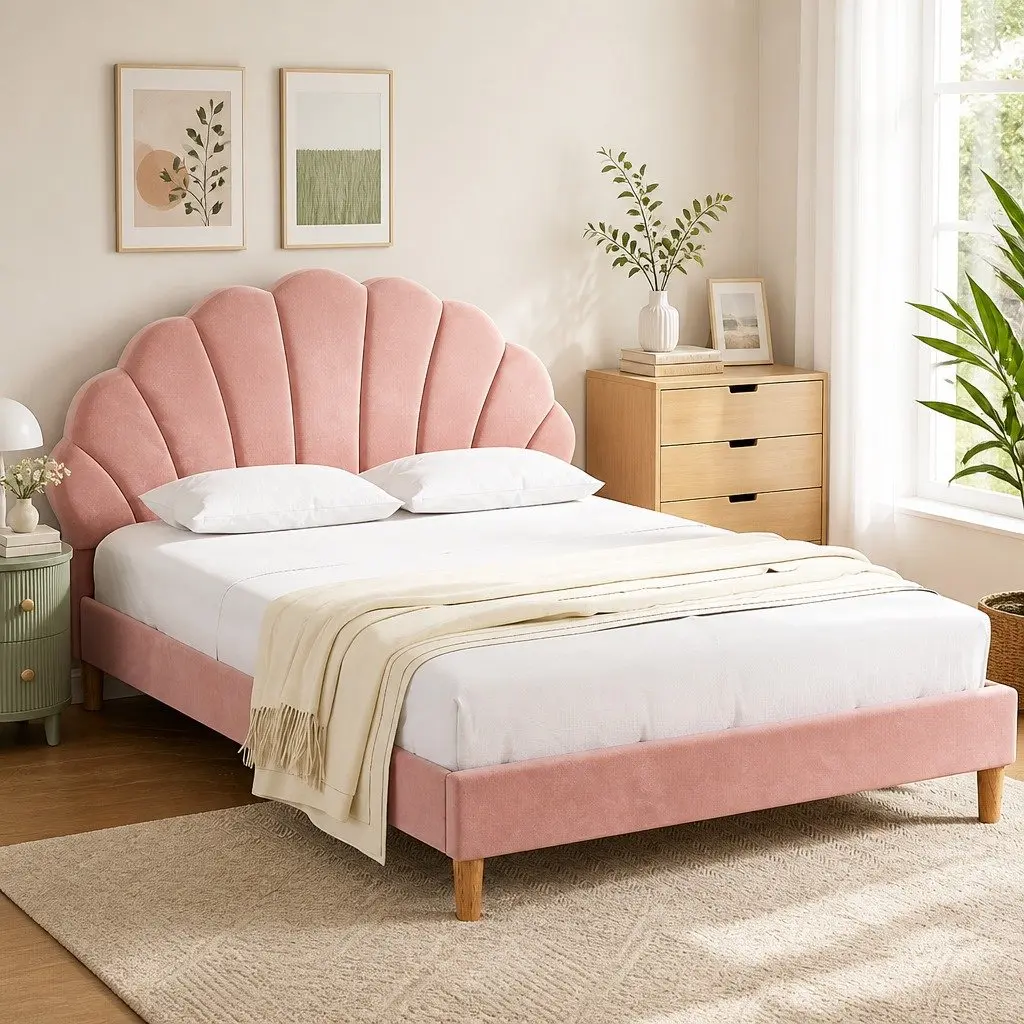 Double Bed Frame in Scallop Pink Velvet