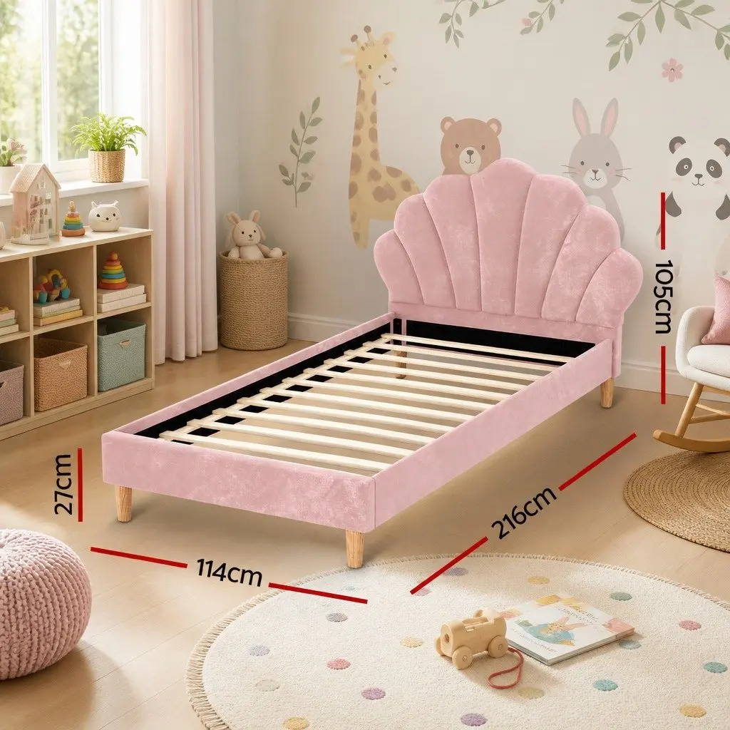 King Single Bed Frame Wood Velvet Pink Scallop