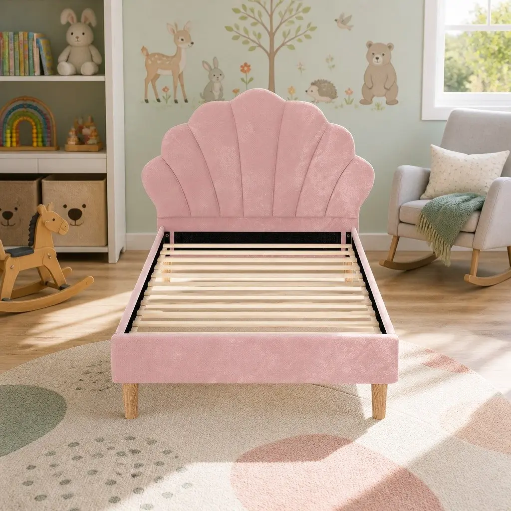 King Single Bed Frame Wood Velvet Pink Scallop