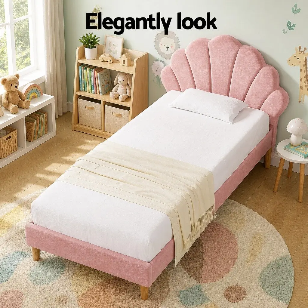 King Single Bed Frame Wood Velvet Pink Scallop