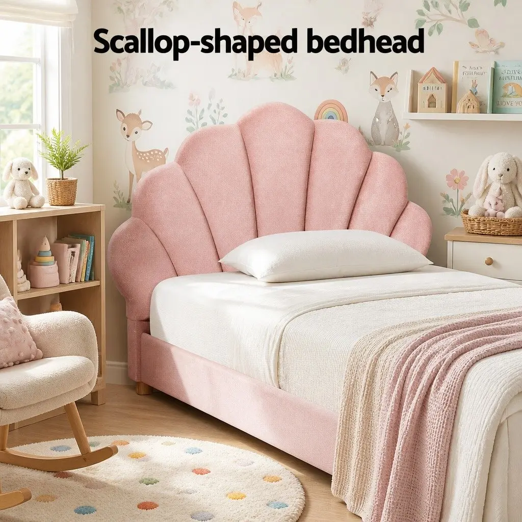 King Single Bed Frame Wood Velvet Pink Scallop
