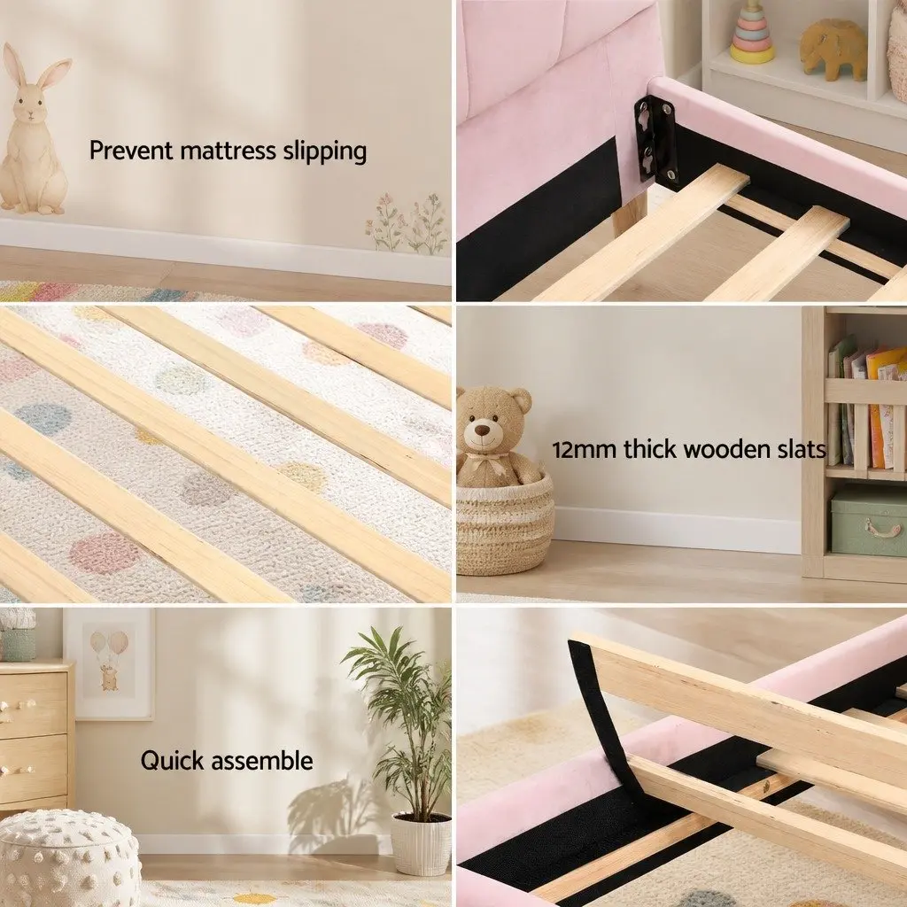 King Single Bed Frame Wood Velvet Pink Scallop