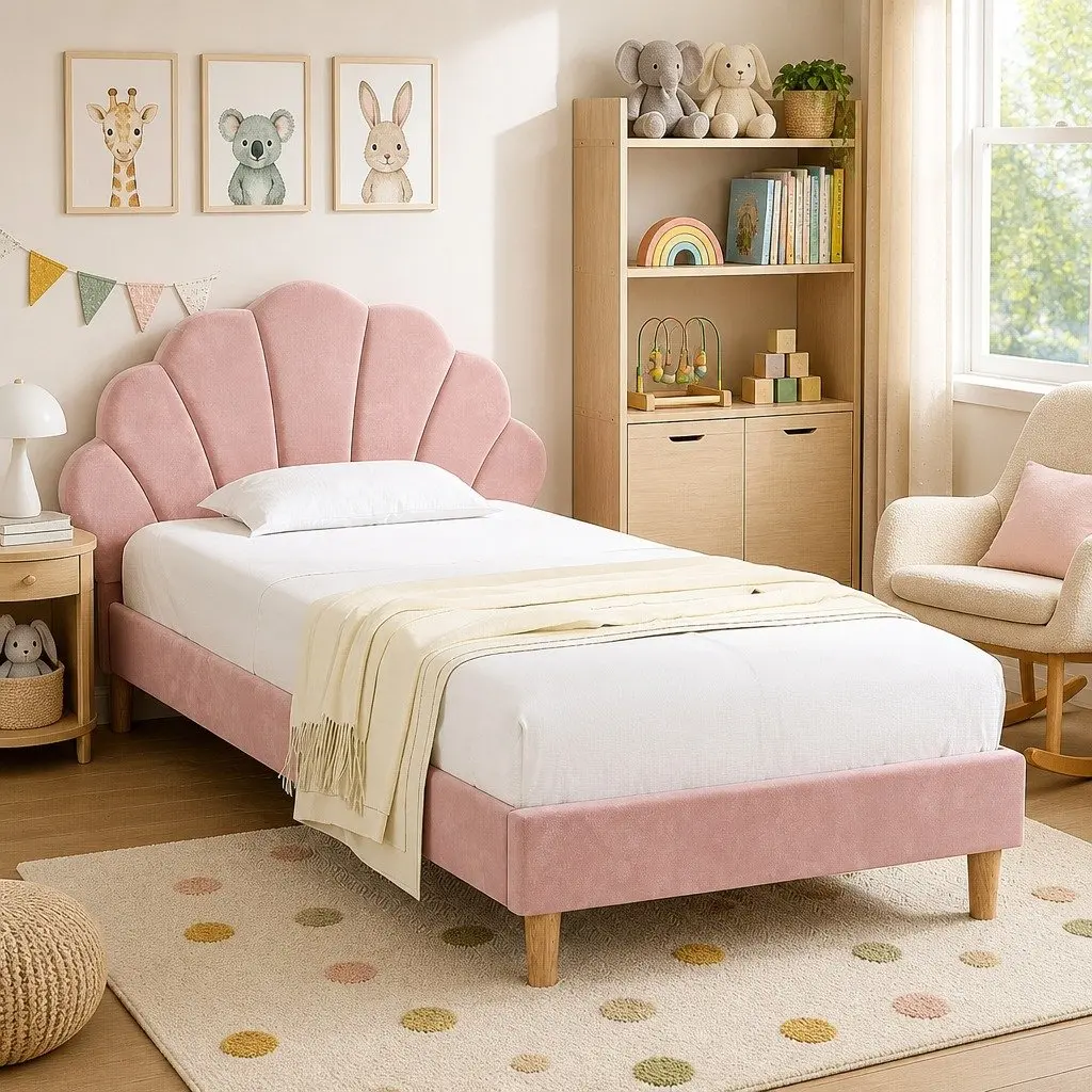 King Single Bed Frame Wood Velvet Pink Scallop