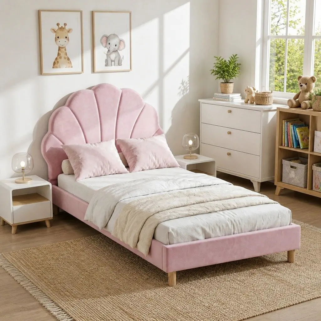 Single Bed Frame with Scallop Upholstered Headboard