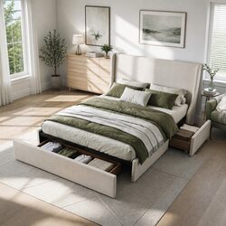 Double Upholstered Bed Frame with 3 Storage Drawers Wingback Headboard Metal