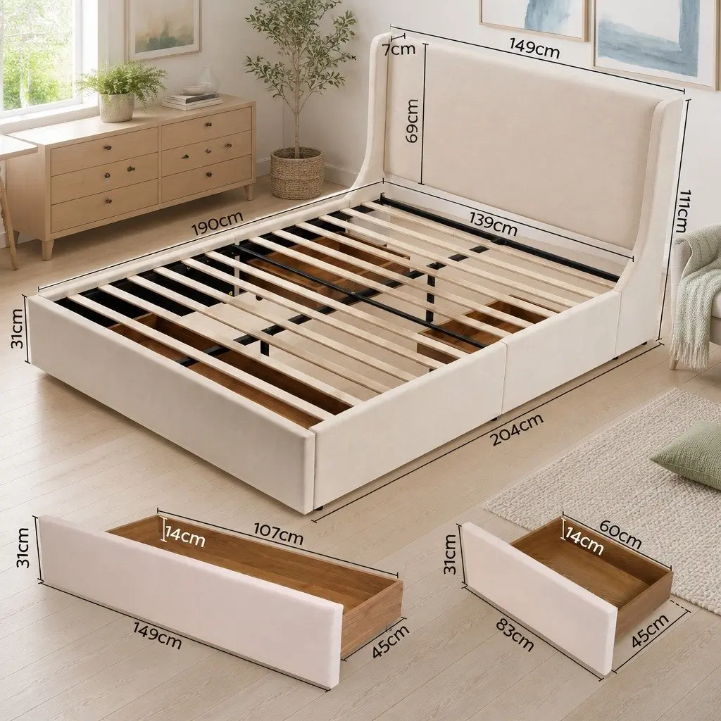 Double Upholstered Bed Frame Faux Linen Fabric Metal Wood 149x204x111 cm Beige