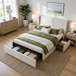 Sturdy King Upholstered Bed Frame with 3 Drawers
