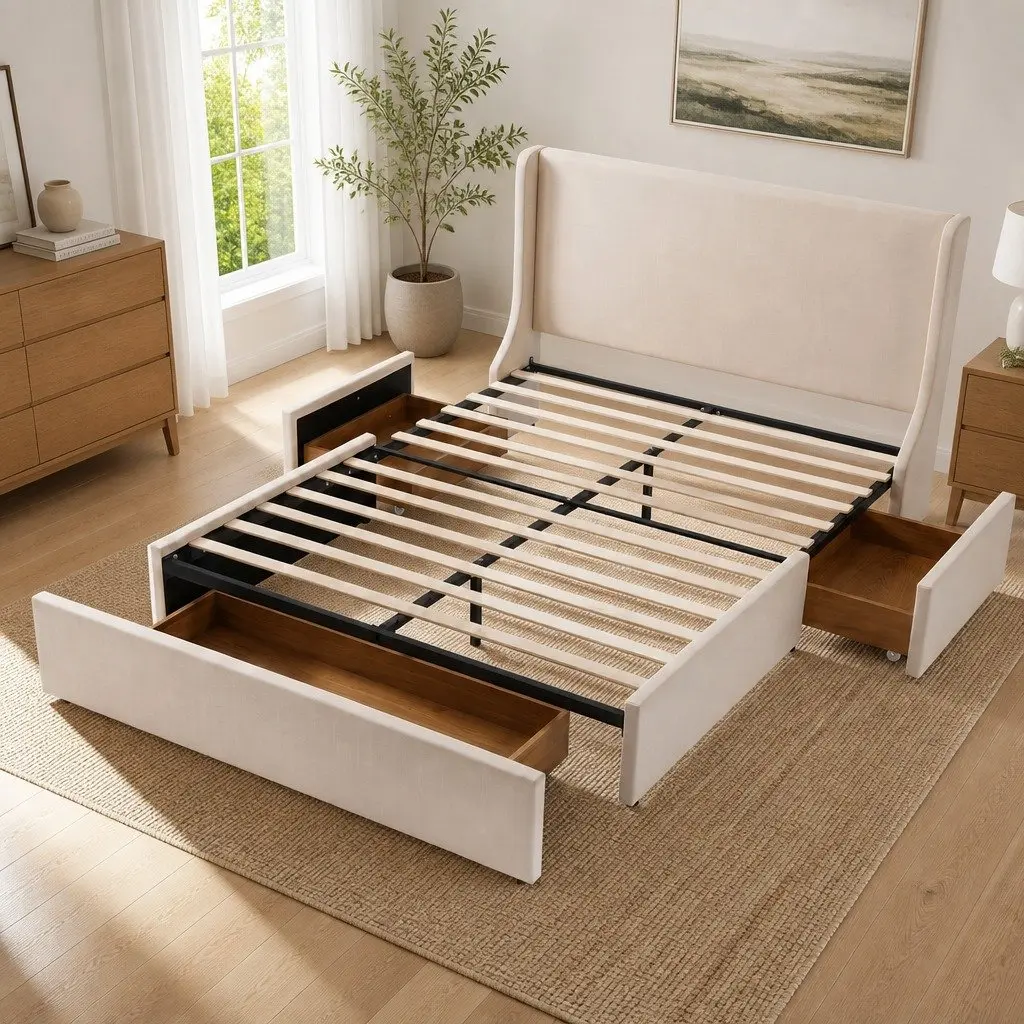 King Bed Frame Faux Linen Beige with Storage Drawers Metal and Wood Construction Wingback Headboard