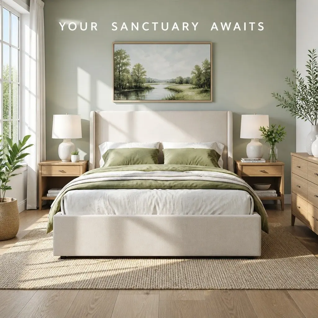 King Bed Frame Faux Linen Beige with Storage Drawers Metal and Wood Construction Wingback Headboard