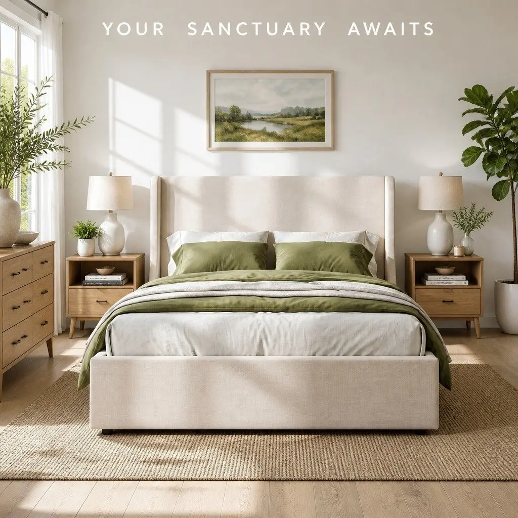 King Bed Frame Faux Linen Beige with Storage Drawers Metal and Wood Construction Wingback Headboard