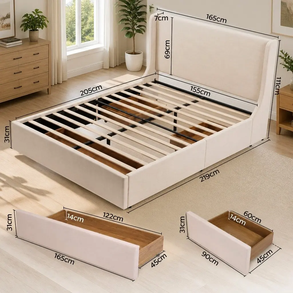 Queen Upholstered Bed Frame Faux Linen Beige 3 Storage Drawers Metal Wingback Headboard